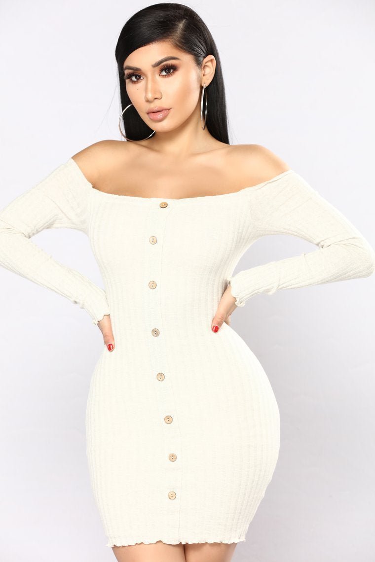 Jacklyn Off Shoulder Mini Dress - Oatmeal - jameswhite001
