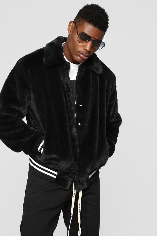 Joe Fur Varsity Jacket - Black - jameswhite001