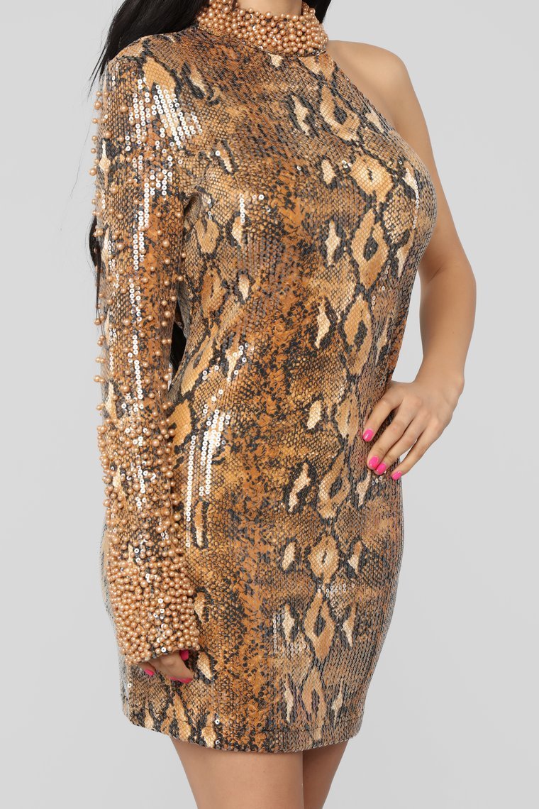 Kill 'Em With Glam Snakeskin Embellished Dress - Brown - jameswhite001