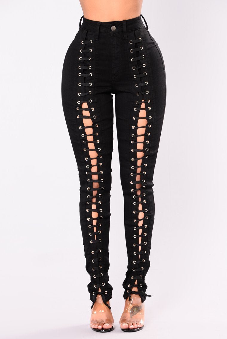 Kylee Lace Up Jeans - Black - jameswhite001