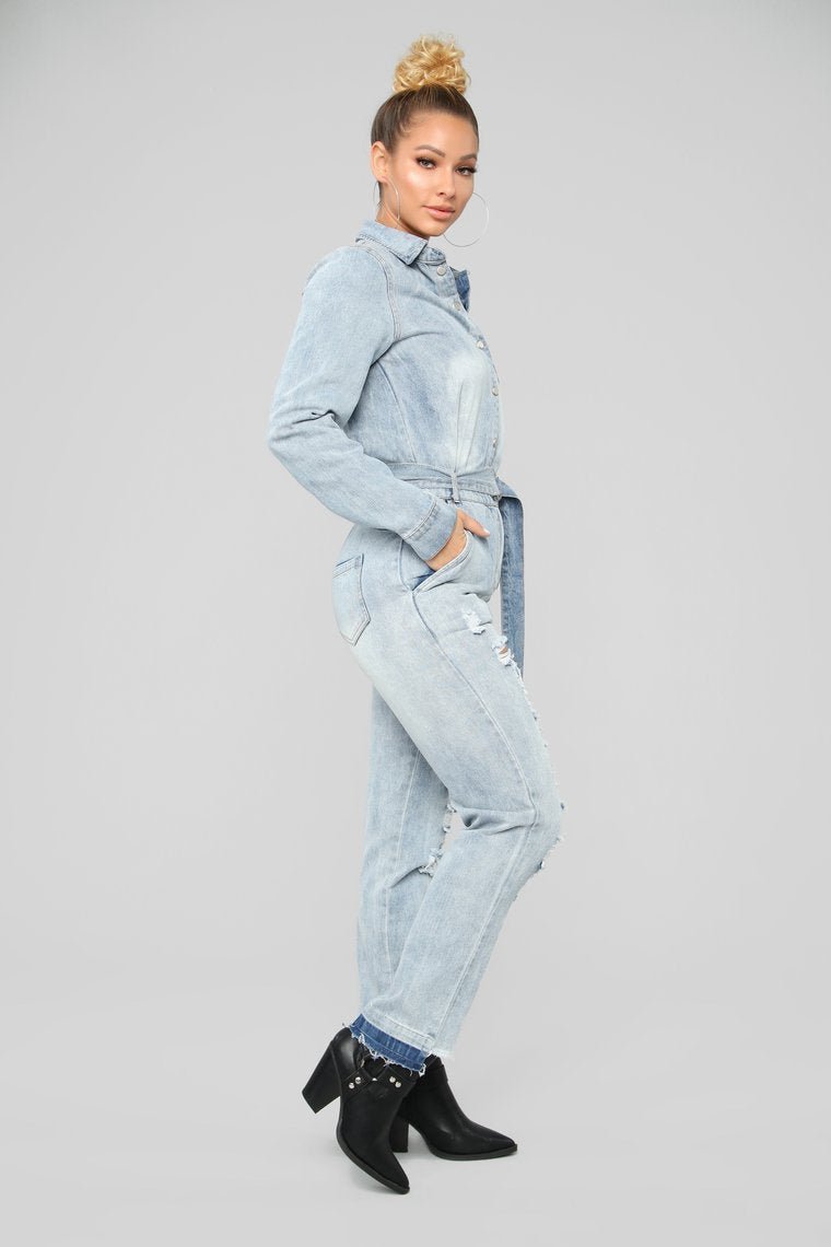 Less Stress Without You Denim Jumpsuit - Light Wash - jameswhite001