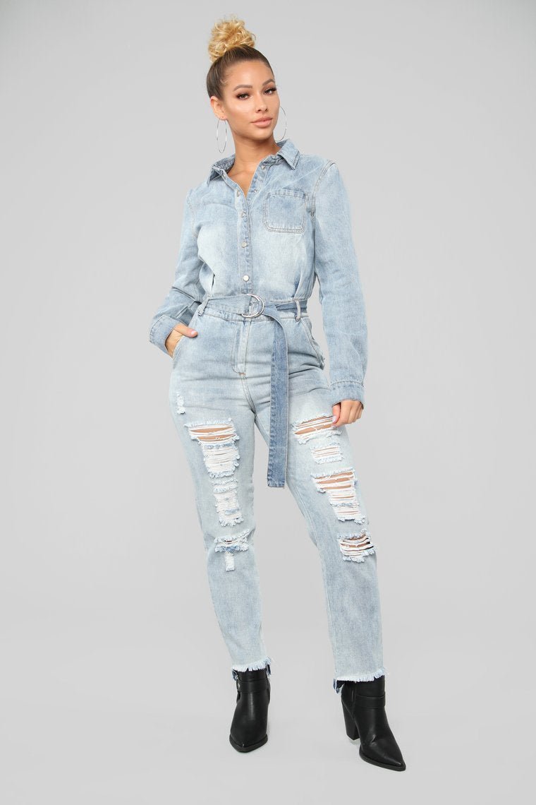 Less Stress Without You Denim Jumpsuit - Light Wash - jameswhite001