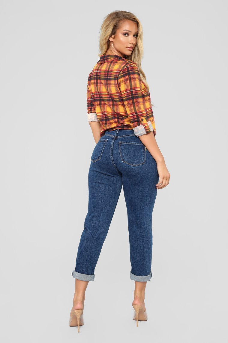 Lounge Lover Front Knot Plaid Top - Mustard/Combo - jameswhite001