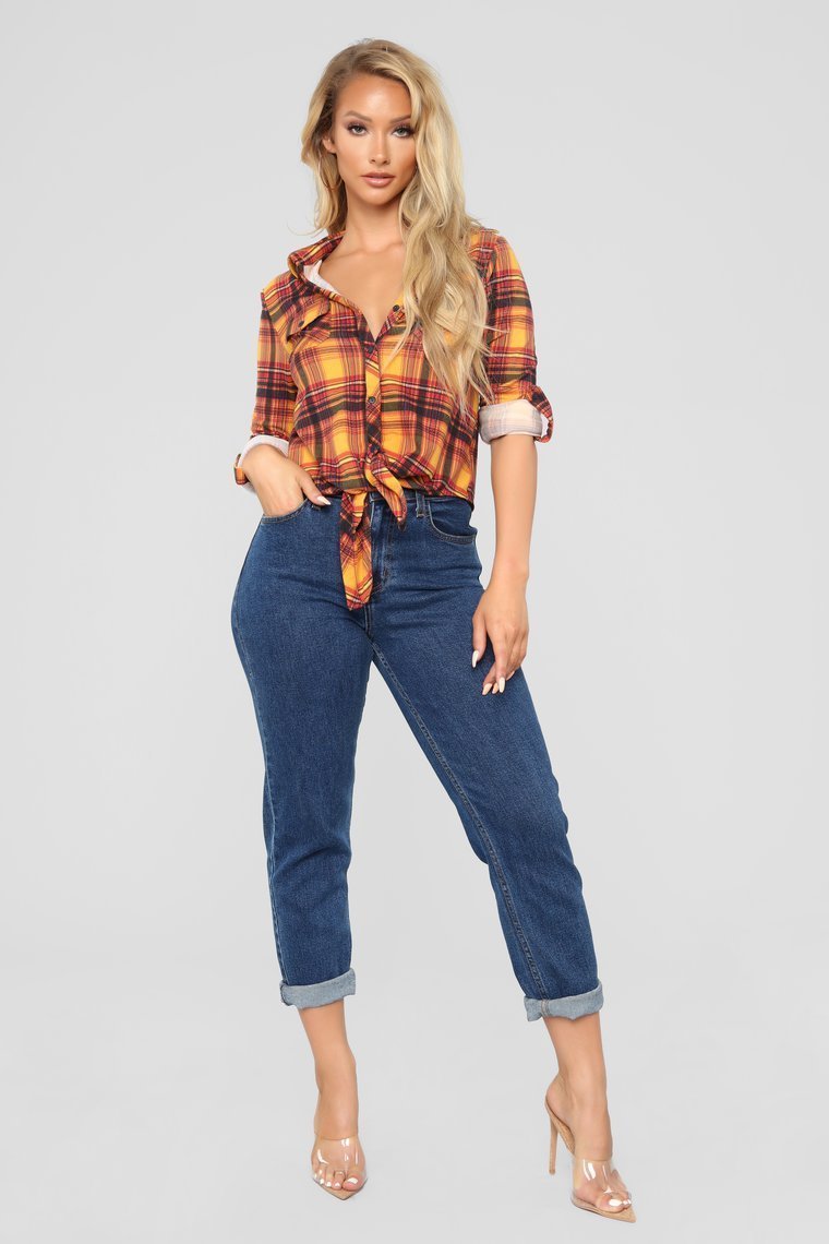 Lounge Lover Front Knot Plaid Top - Mustard/Combo - jameswhite001
