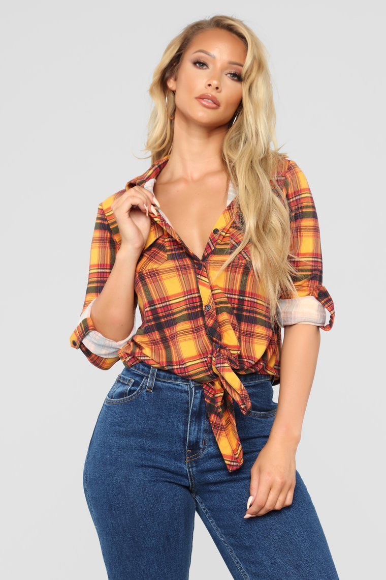 Lounge Lover Front Knot Plaid Top - Mustard/Combo - jameswhite001