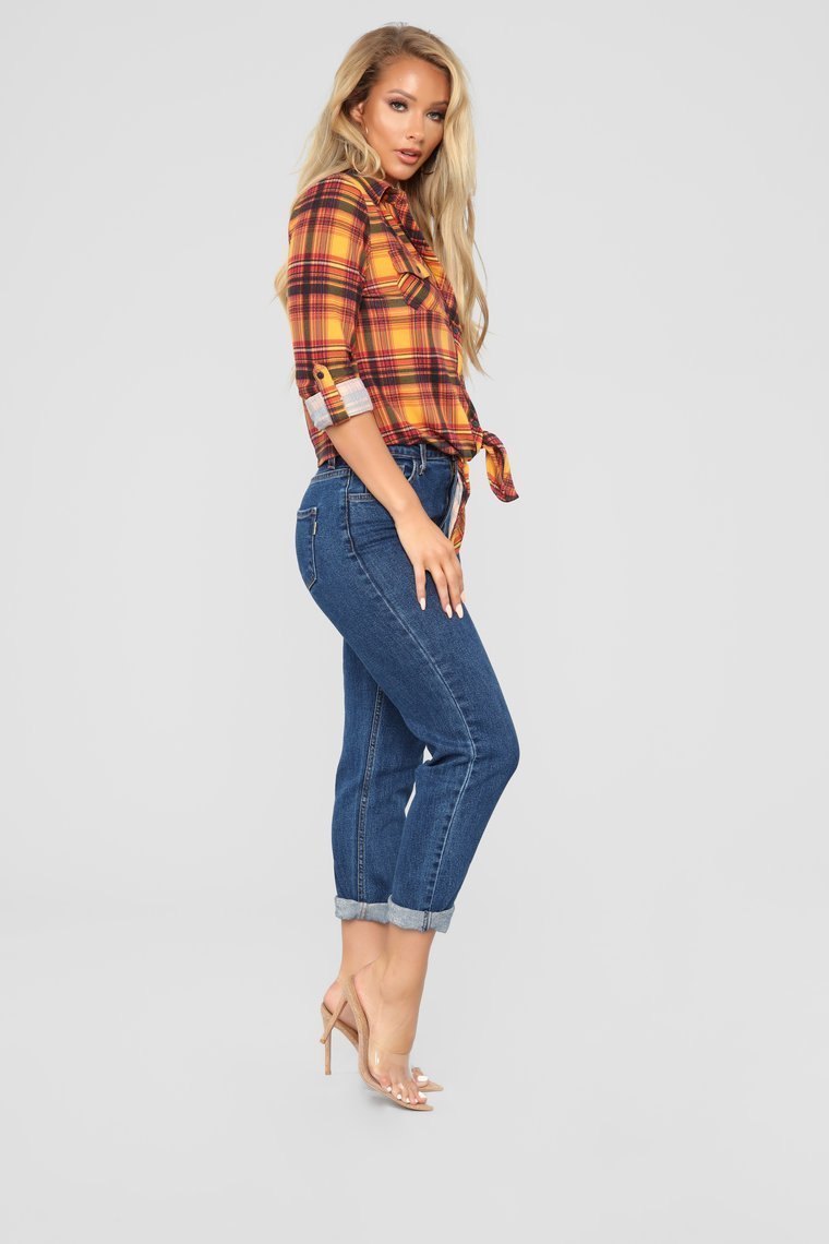 Lounge Lover Front Knot Plaid Top - Mustard/Combo - jameswhite001