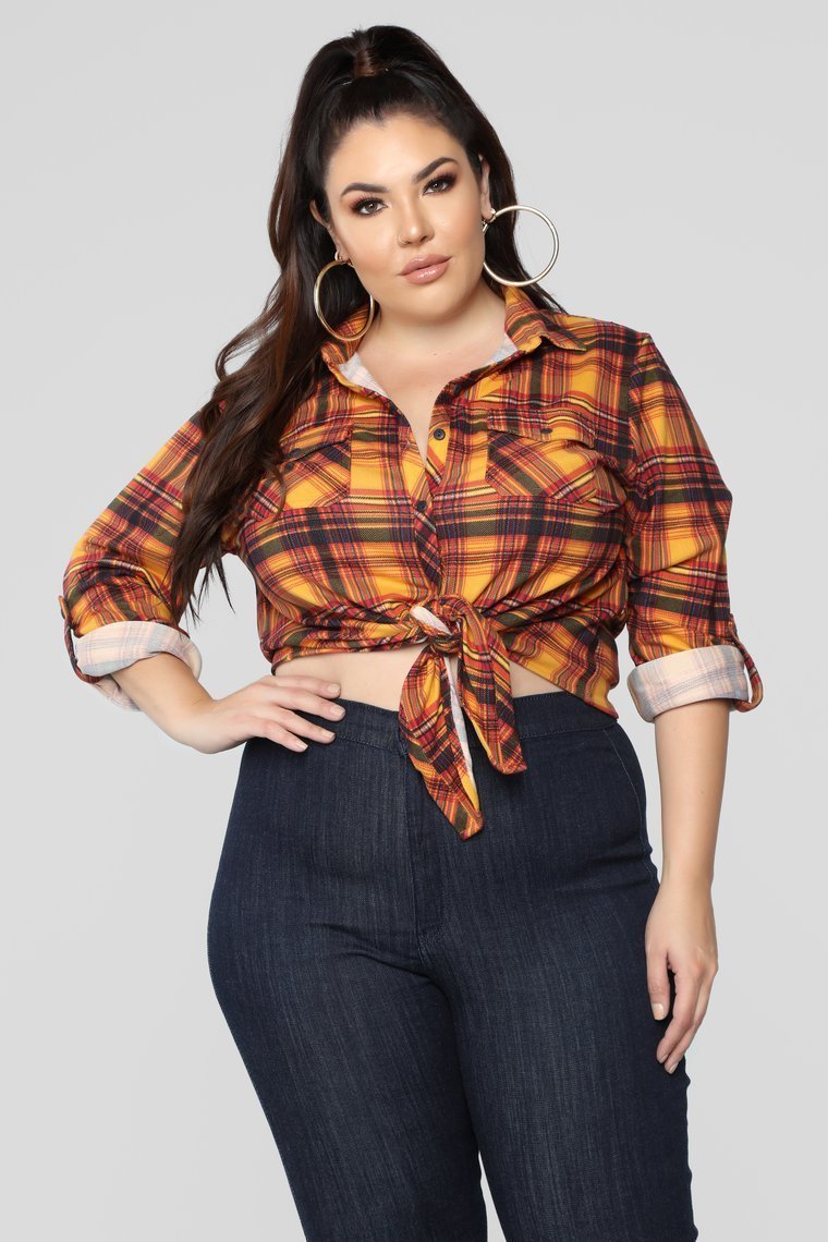 Lounge Lover Front Knot Plaid Top - Mustard/Combo - jameswhite001