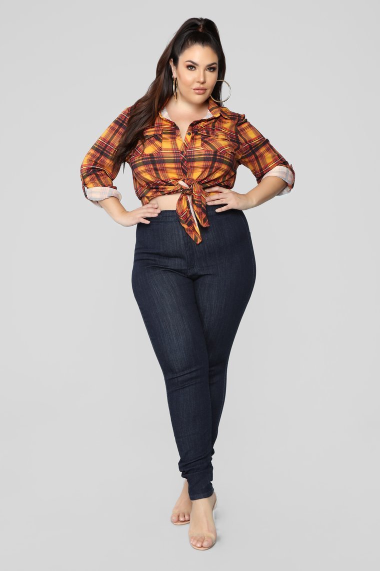 Lounge Lover Front Knot Plaid Top - Mustard/Combo - jameswhite001