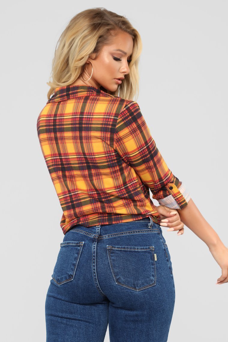 Lounge Lover Front Knot Plaid Top - Mustard/Combo - jameswhite001
