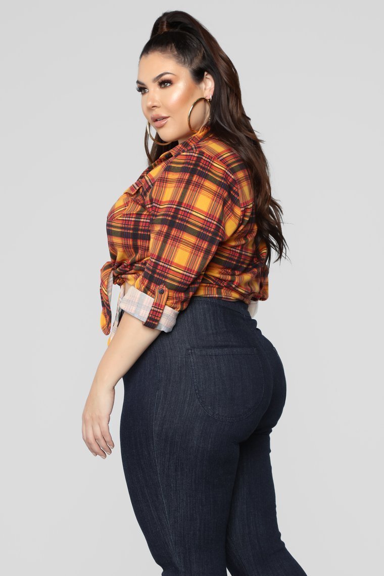 Lounge Lover Front Knot Plaid Top - Mustard/Combo - jameswhite001