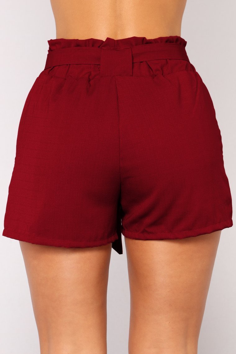 Make You Wonder Tie Waist Shorts - Burgundy - jameswhite001
