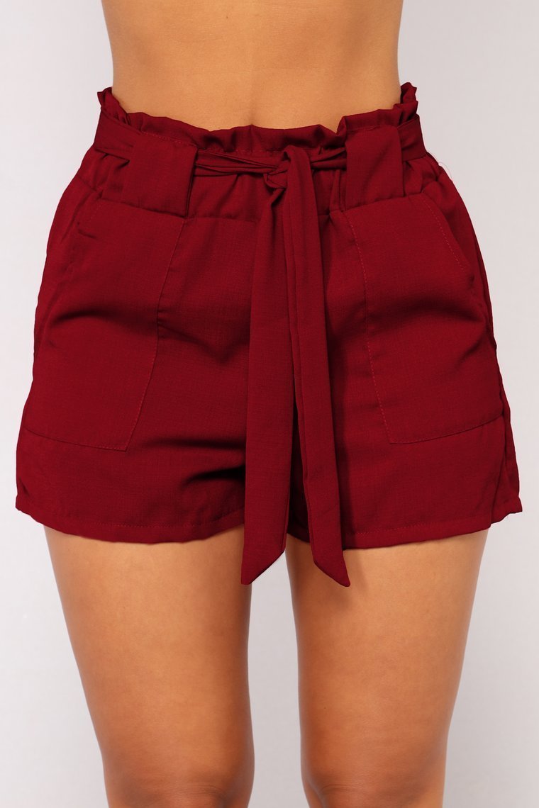 Make You Wonder Tie Waist Shorts - Burgundy - jameswhite001