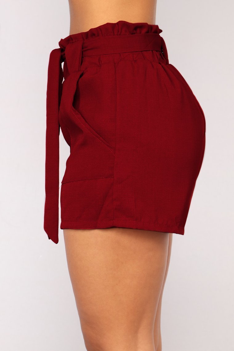 Make You Wonder Tie Waist Shorts - Burgundy - jameswhite001