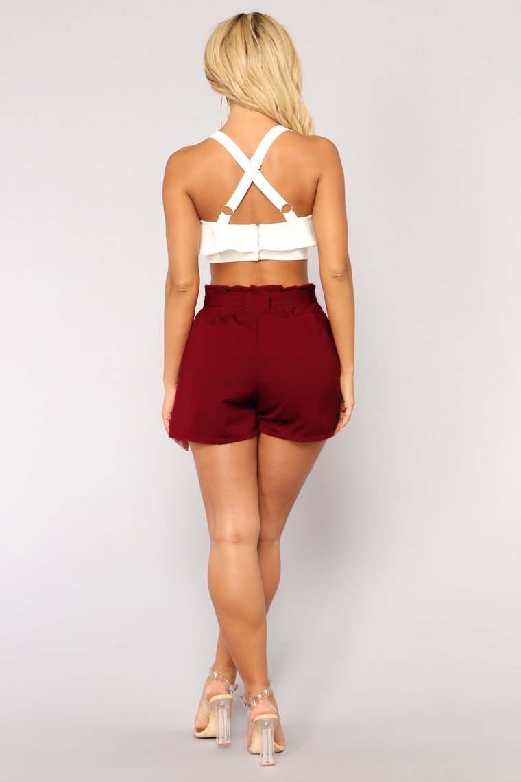 Make You Wonder Tie Waist Shorts - Burgundy - jameswhite001