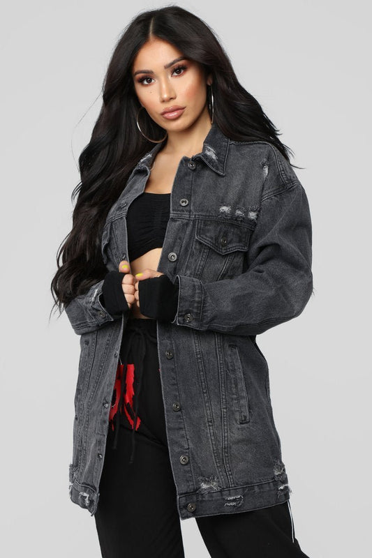 Miss Stressed Denim Jacket - Black Denim - jameswhite001