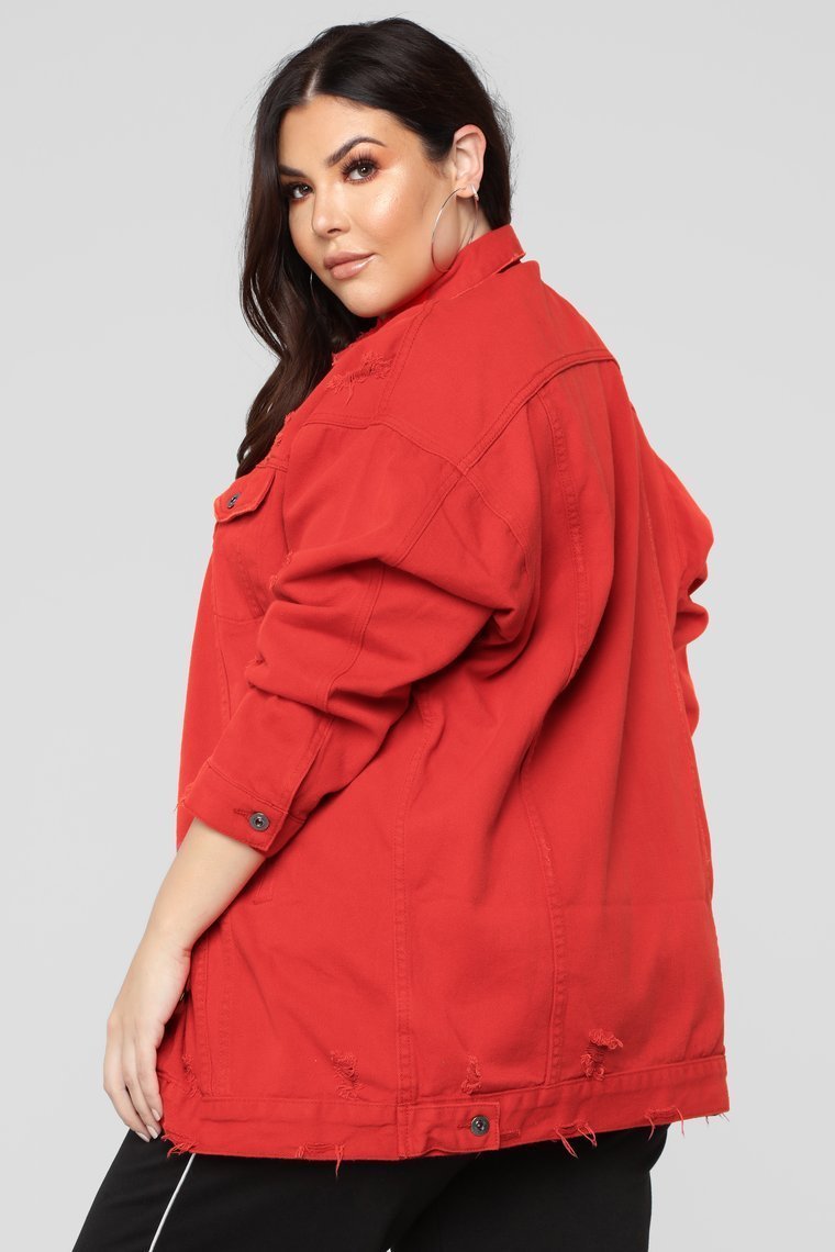 Miss Stressed Denim Jacket - Red Denim - jameswhite001