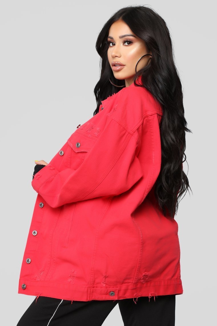 Miss Stressed Denim Jacket - Red Denim - jameswhite001