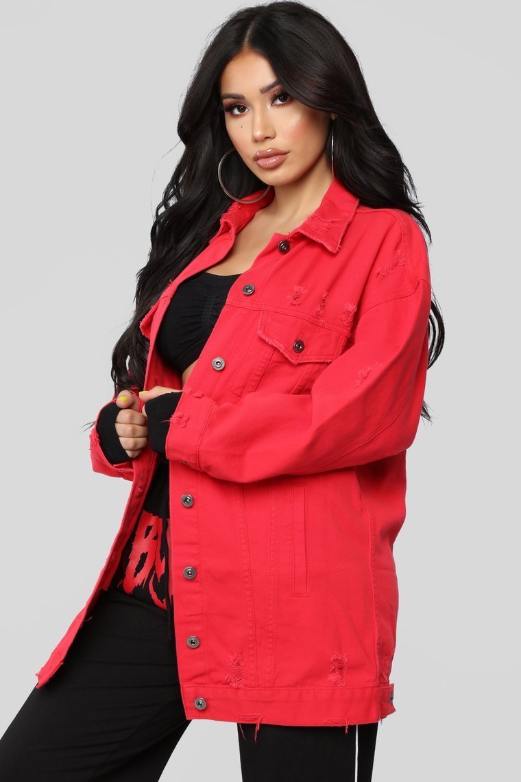 Miss Stressed Denim Jacket - Red Denim - jameswhite001