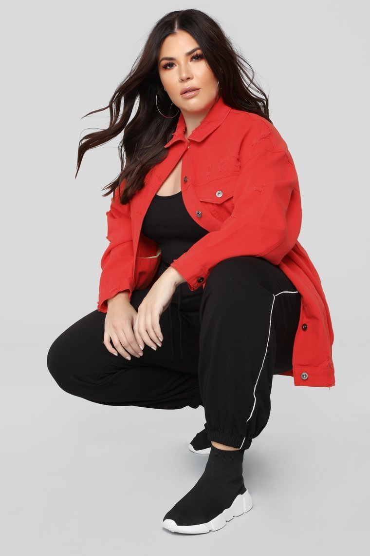 Miss Stressed Denim Jacket - Red Denim - jameswhite001