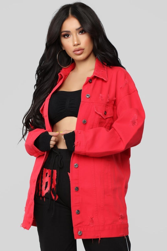 Miss Stressed Denim Jacket - Red Denim - jameswhite001