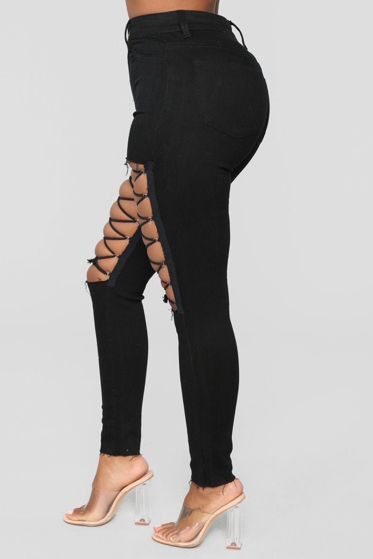 Nicola High Rise Lace Up Skinny Jeans - Black - jameswhite001