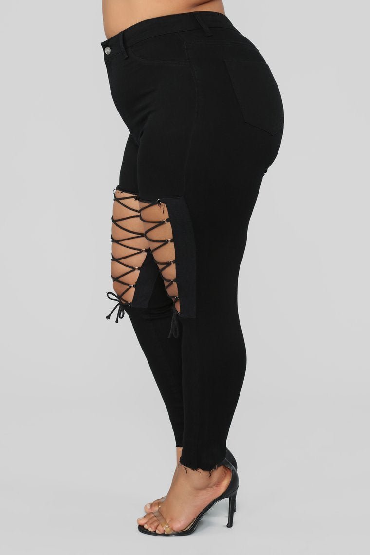 Nicola High Rise Lace Up Skinny Jeans - Black - jameswhite001
