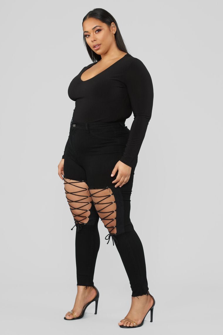 Nicola High Rise Lace Up Skinny Jeans - Black - jameswhite001