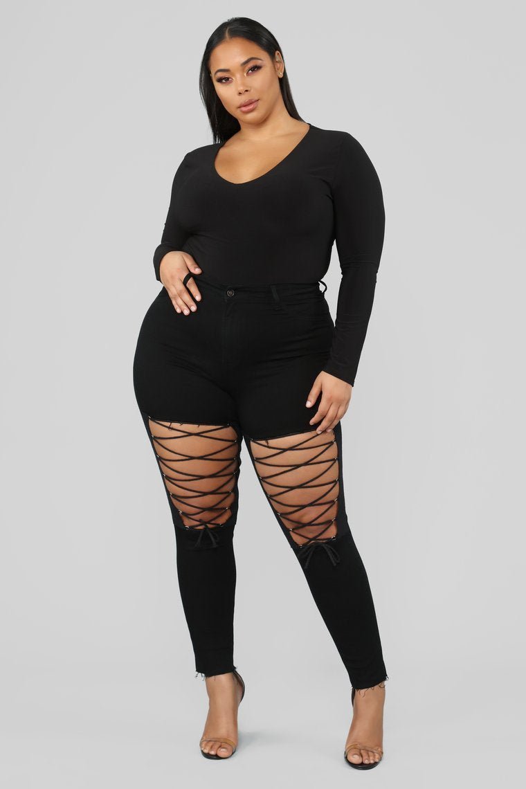 Nicola High Rise Lace Up Skinny Jeans - Black - jameswhite001