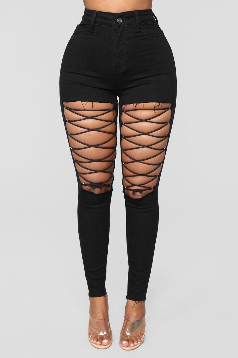 Nicola High Rise Lace Up Skinny Jeans - Black - jameswhite001