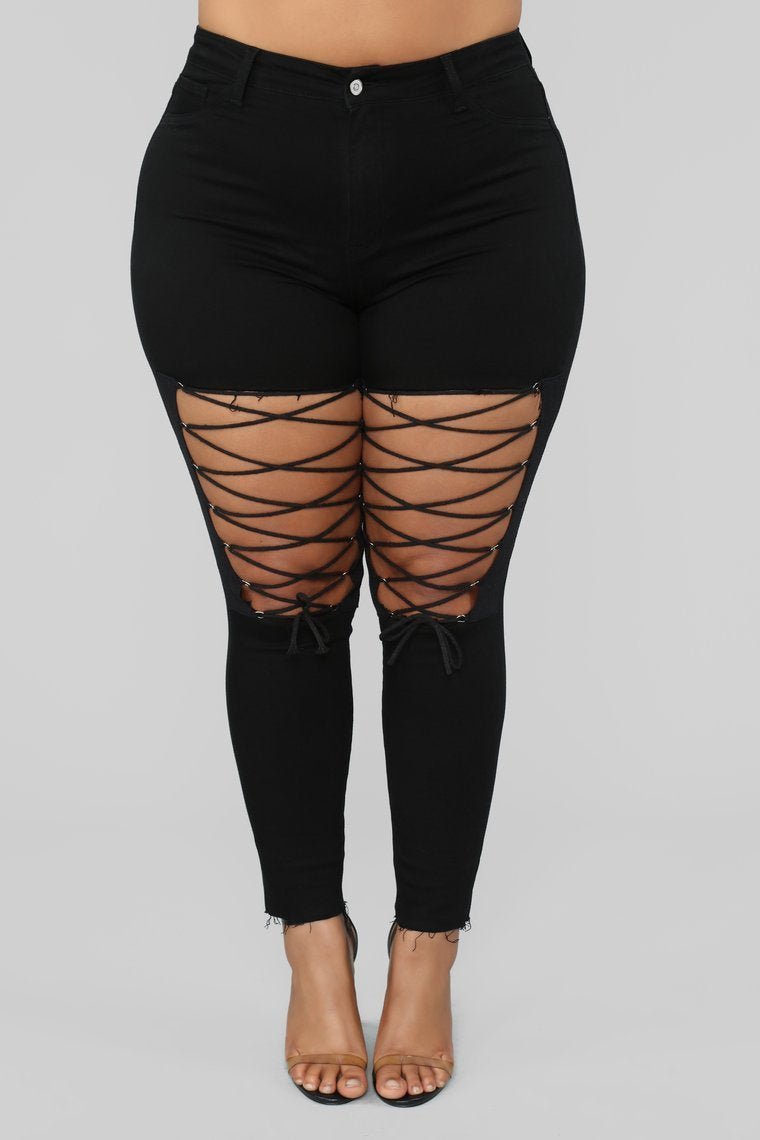 Nicola High Rise Lace Up Skinny Jeans - Black - jameswhite001