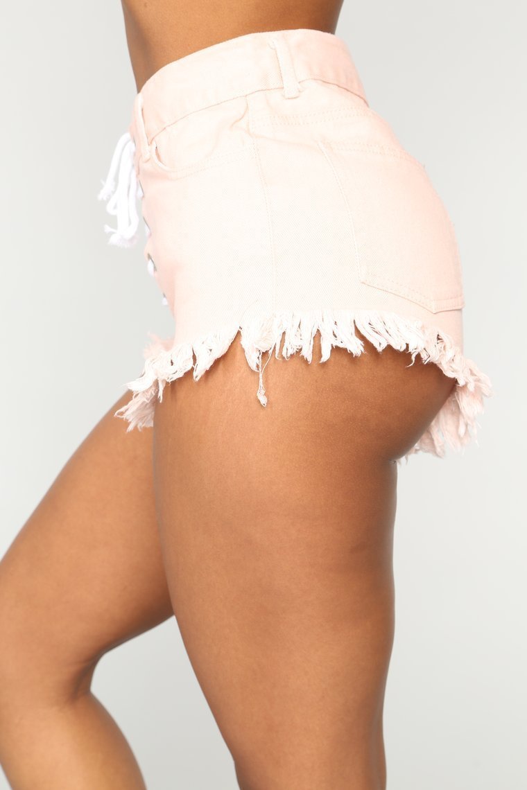 No Limits Lace Up Denim Shorts - Pink - jameswhite001