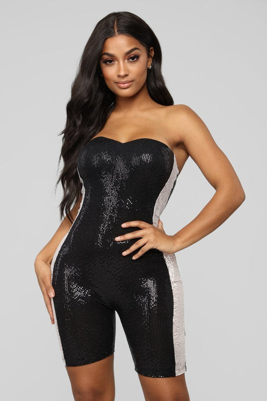 Not Just A Side Thing Sequin Romper - Black/Light Pink - jameswhite001