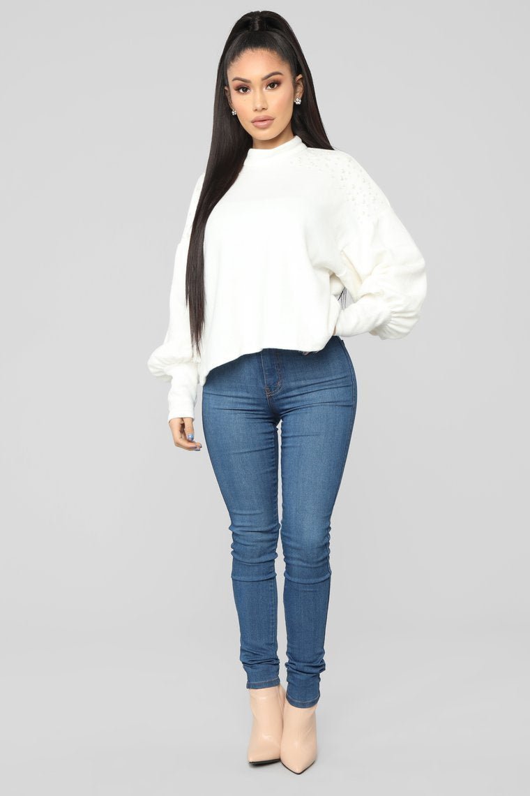 Pearl Mock Neck Sweater - White - jameswhite001