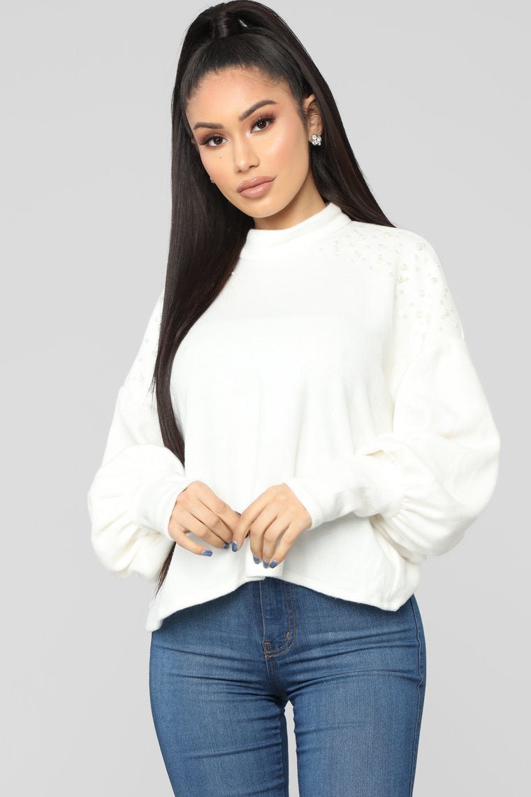 Pearl Mock Neck Sweater - White - jameswhite001