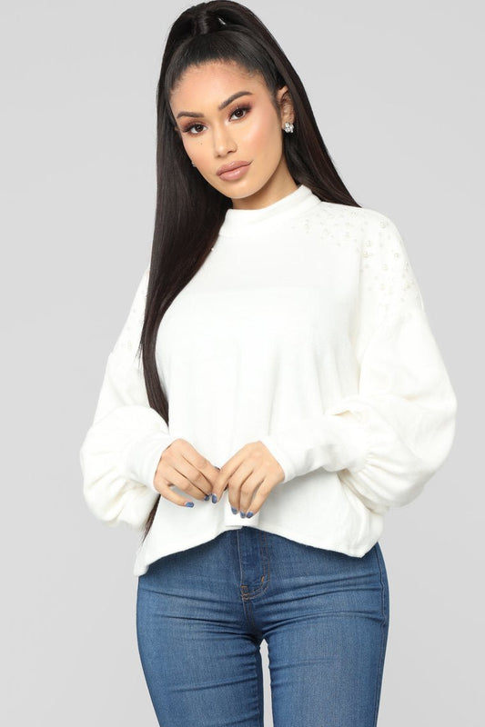 Pearl Mock Neck Sweater - White - jameswhite001