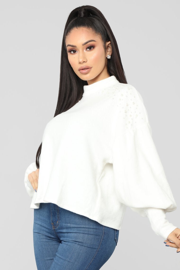Pearl Mock Neck Sweater - White - jameswhite001