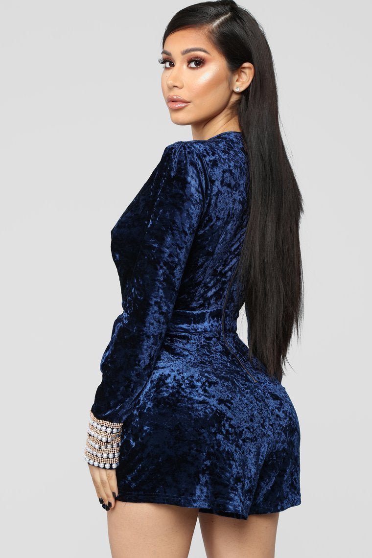 Pearl Popper Crushed Velvet Romper - Navy - jameswhite001