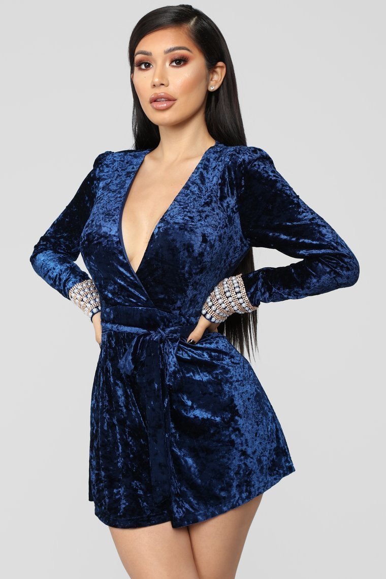 Pearl Popper Crushed Velvet Romper - Navy - jameswhite001