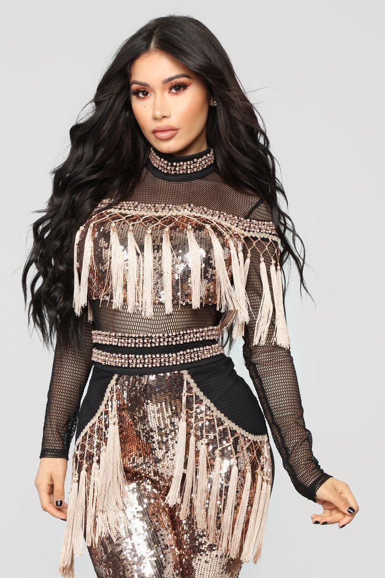 Popularity Fringe Sequin Jumpsuit - Black/Rose Gold - jameswhite001