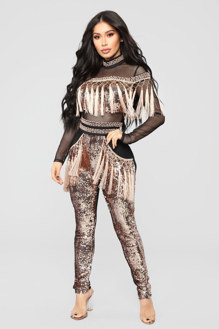 Popularity Fringe Sequin Jumpsuit - Black/Rose Gold - jameswhite001