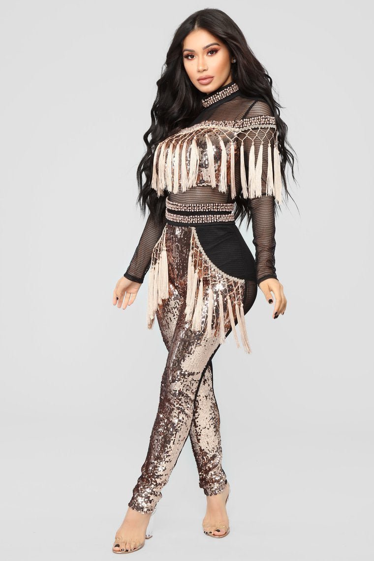 Popularity Fringe Sequin Jumpsuit - Black/Rose Gold - jameswhite001