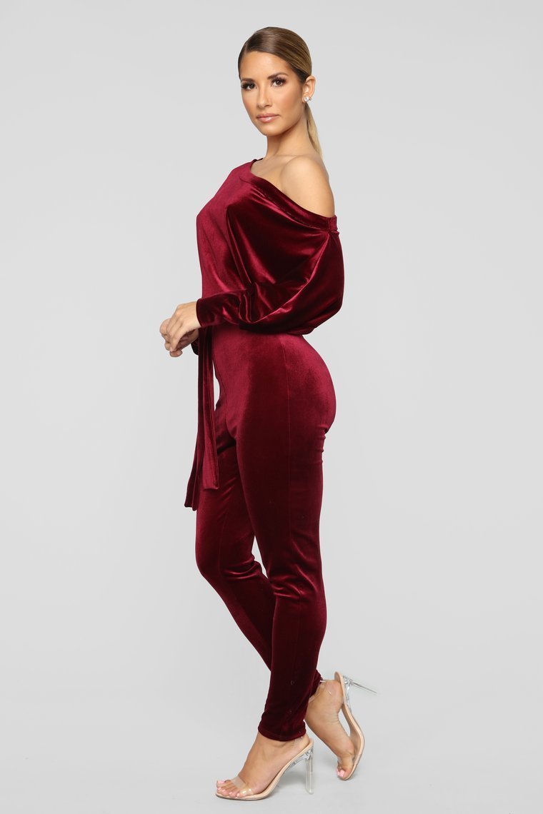 Pro Lounger Velvet Jumpsuit - Burgundy - jameswhite001
