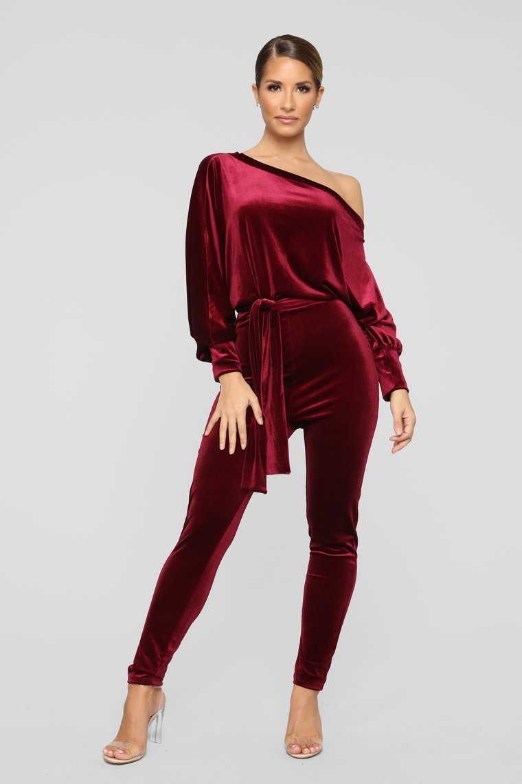 Pro Lounger Velvet Jumpsuit - Burgundy - jameswhite001