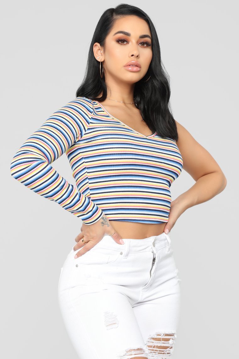 Rainbow Ahead One Shoulder Top - Blue/Combo - jameswhite001