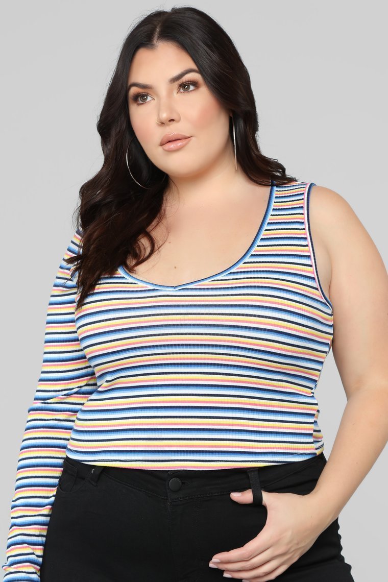 Rainbow Ahead One Shoulder Top - Blue/Combo - jameswhite001