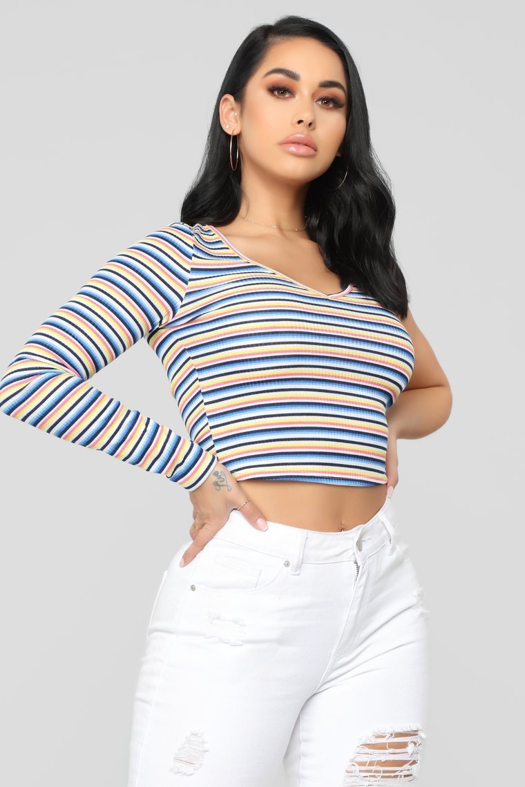 Rainbow Ahead One Shoulder Top - Blue/Combo - jameswhite001