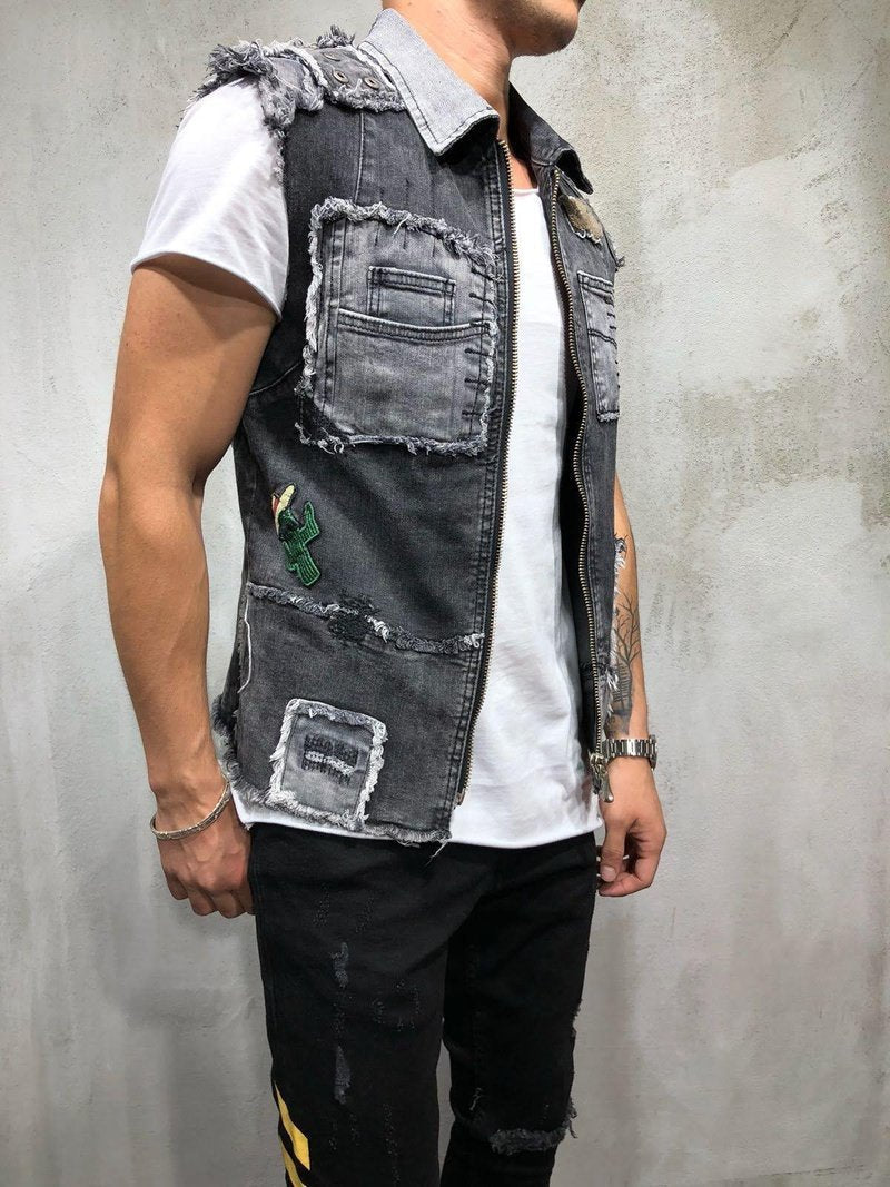 RAW HEM DENIM VEST RIPPED&REPAIRED 3919 - jameswhite001