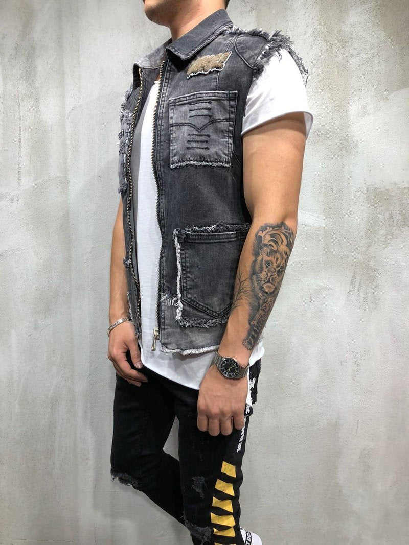RAW HEM DENIM VEST RIPPED&REPAIRED 3919 - jameswhite001