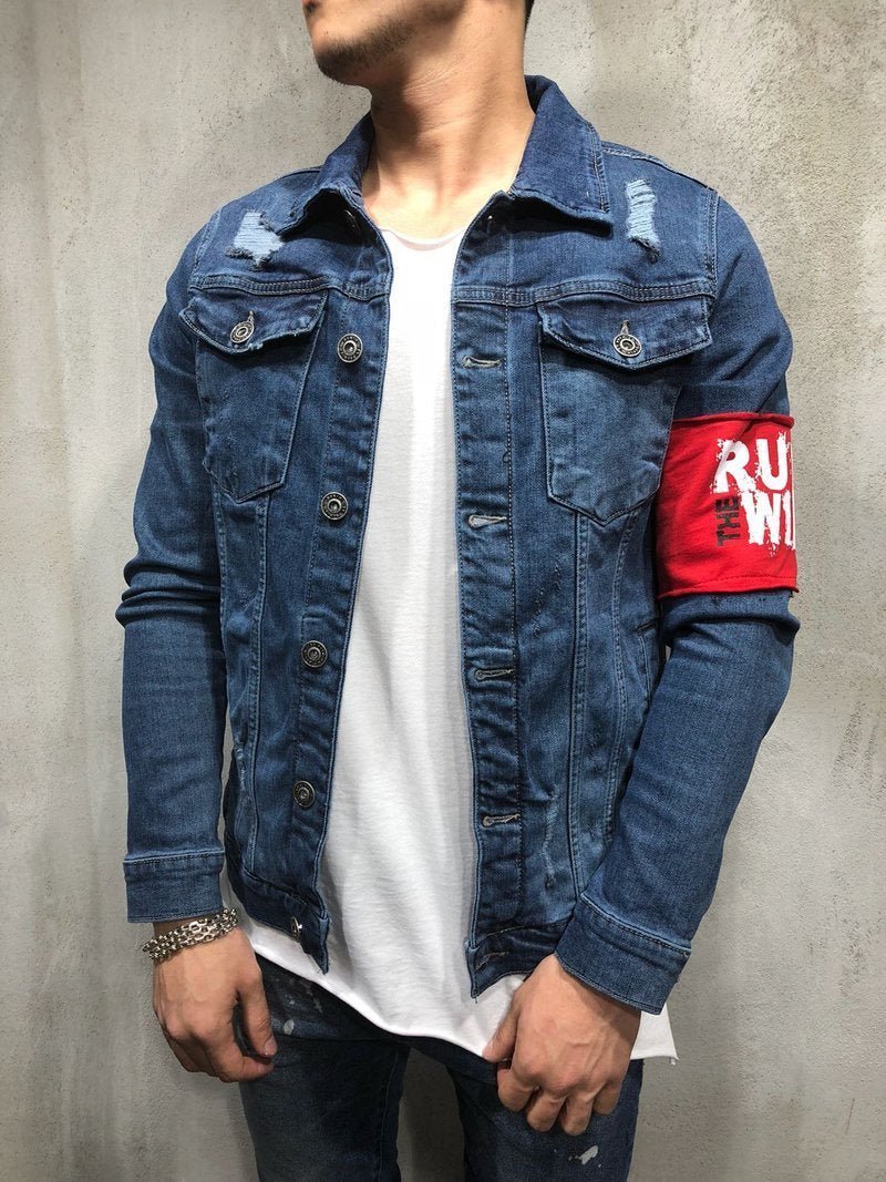 RED ARMBAND STREETWEAR DENIM JACKET 3787 - jameswhite001