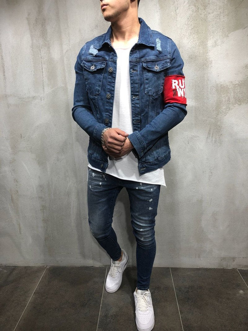 RED ARMBAND STREETWEAR DENIM JACKET 3787 - jameswhite001